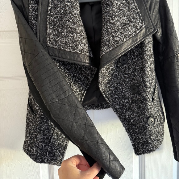 BCBG Maxazria Black/White/ Gray Tweed Quilted Leather combo jacket /coat XXS - Picture 5 of 14